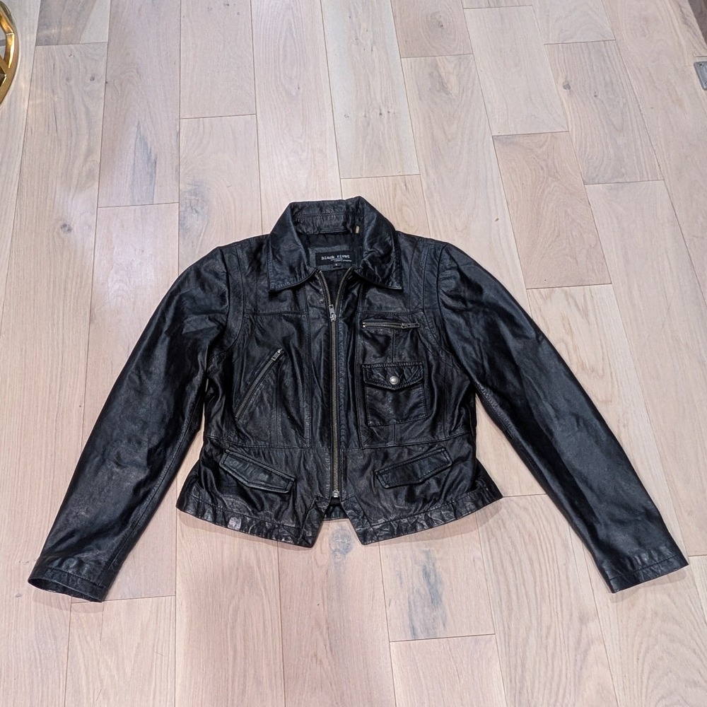 Black Rivet Genuine Leather Cropped Utility Large Jacket Y2K Moto | 100% Leather - Picture 3 of 16